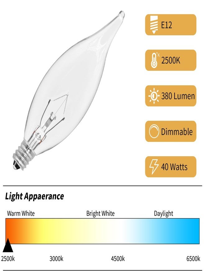 CYLYT - 12 Pack E12 Candle Light Bulbs 40W Warm White 2500K 380 Lumen Dimmable Ceiling Fan Hanging or Outdoor, CA10 Clear Bulbs - Image 3