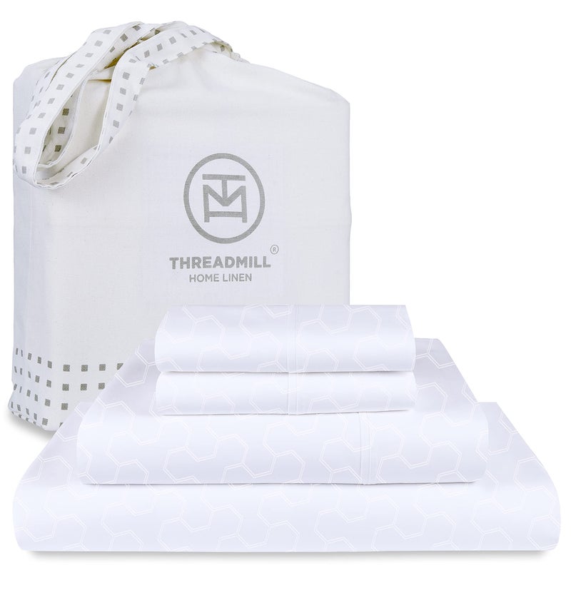 Threadmill Threadmill 500 Thread Count Full Size 4 Pc Luxury Cotton Sheet Set  Jacquard Floria Hotel White  Silky Smooth Sheets with 16"" Elasticized Deep Pocket  2 Pillowcases & Free Tote Bag  - Image 1