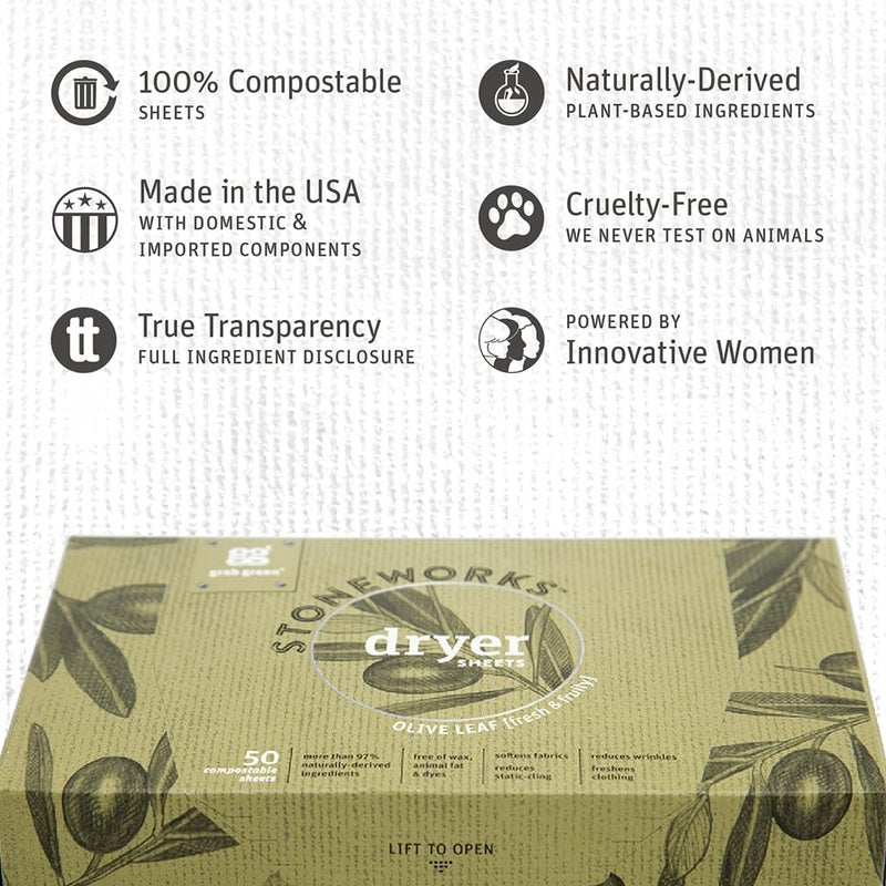 Grab Green Stoneworks Cruelty-Free Dryer Sheets | Softens Fabrics, Freshens Clothing & Reduces Static-Cling and Wrinkles | Plant Based | Olive Leaf Scent (160 Sheets) - Image 2
