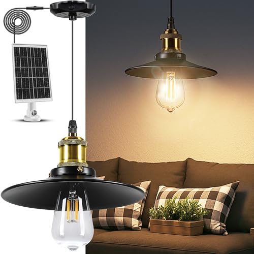 FabStyl Solar Pendant Light Indoor Outdoor 1000LM Solar Shed Light IP65 Waterproof Metal Powered Hanging Chandelier Gazebo Lights with Remote for Barn Gazebo Yard Garage Patio - Image 1