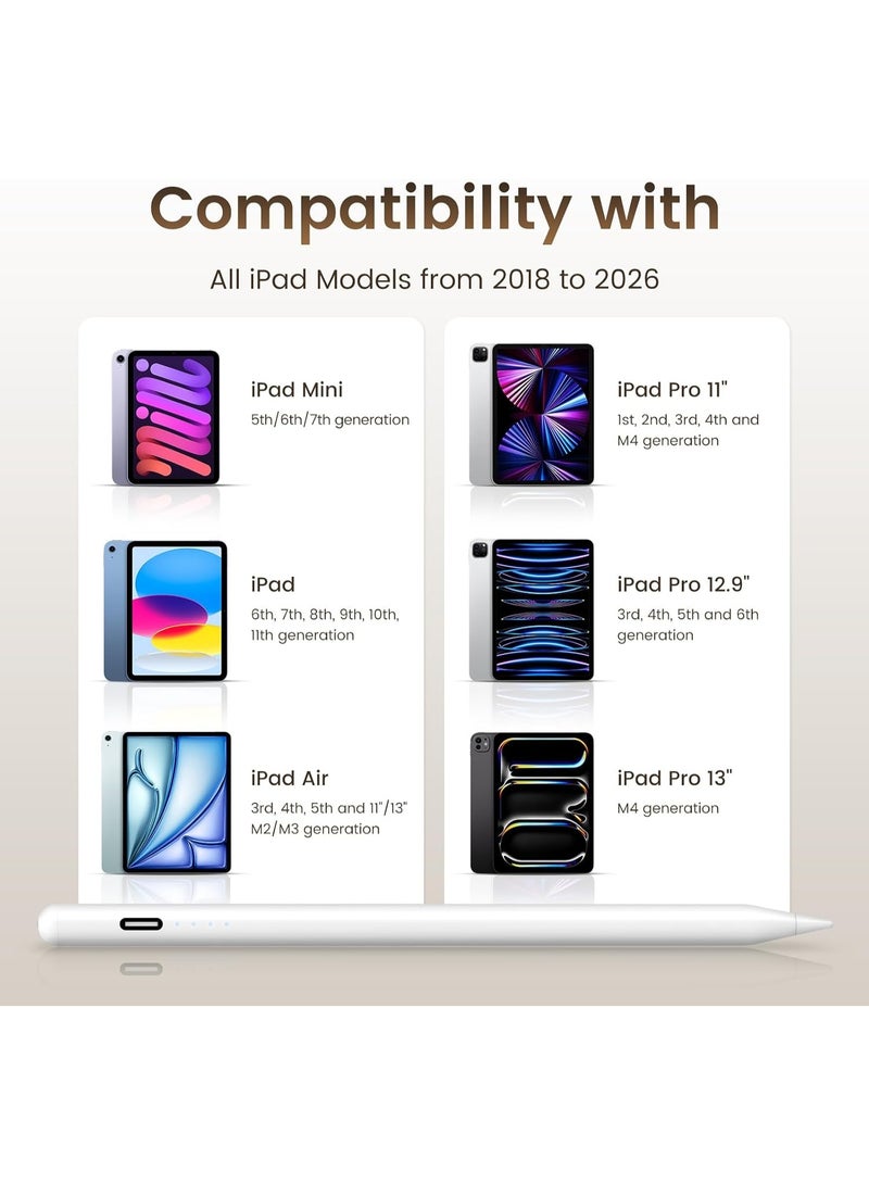 قلم رقمي نشط لأجهزة iPad إصدار 2018-2026، شحن سريع، رفض لمس الكف، حساسية الميل، مؤشر بطارية LED، تثبيت مغناطيسي، قلم كتابة دقيق - Image 3