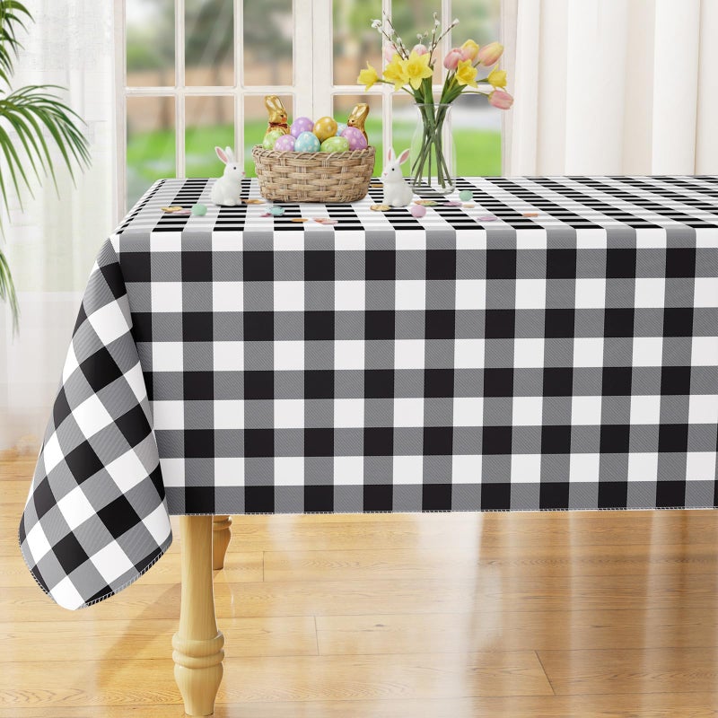 misaya Rectangle Waterproof Vinyl Table Cloth, Buffalo Flannel Backed Tablecloth, Wipeable Plastic Table Cover for Easter, Dinner, Kitchen, Outdoor (60" x 84", Black and White) - Image 1