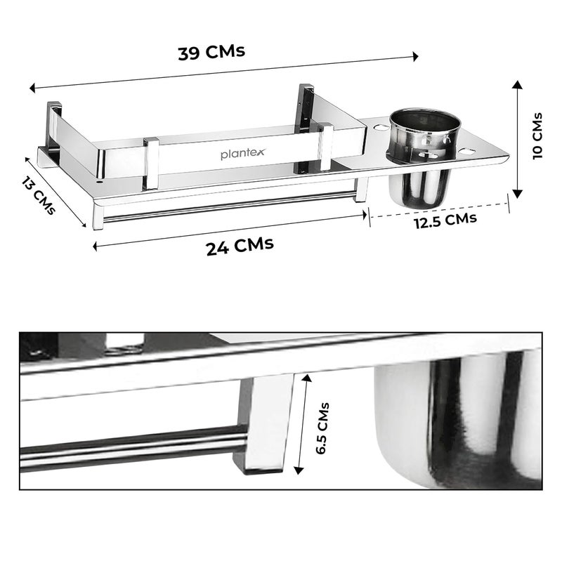 Plantex Stainless Steel Bathroom Shelf/Multipurpose Bathroom Organizer Shelf for Wall with Attached Tumbler and Napkin Holder for Wash Basin and Bathroom (15 Inches) - Image 3