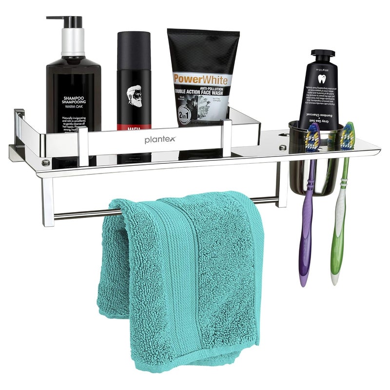 Plantex Stainless Steel Bathroom Shelf/Multipurpose Bathroom Organizer Shelf for Wall with Attached Tumbler and Napkin Holder for Wash Basin and Bathroom (15 Inches) - Image 1