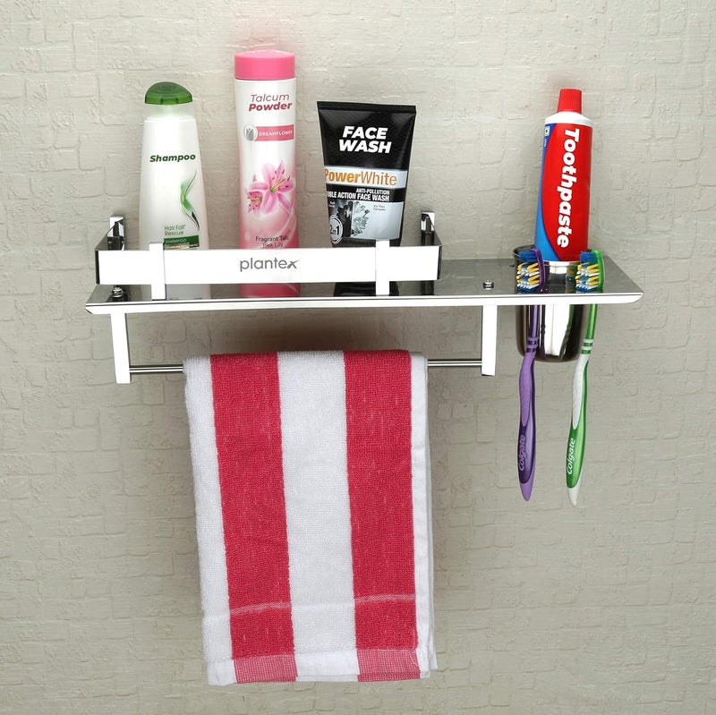 Plantex Stainless Steel Bathroom Shelf/Multipurpose Bathroom Organizer Shelf for Wall with Attached Tumbler and Napkin Holder for Wash Basin and Bathroom (15 Inches) - Image 2