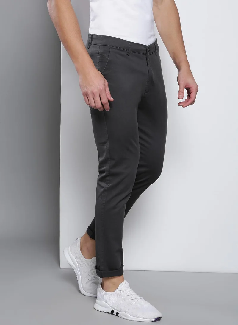 Dennis Lingo Men's Tapered Fit Charcoal Grey Cotton Chinos - Mid-Rise, Full Length, Button & Zip Closure