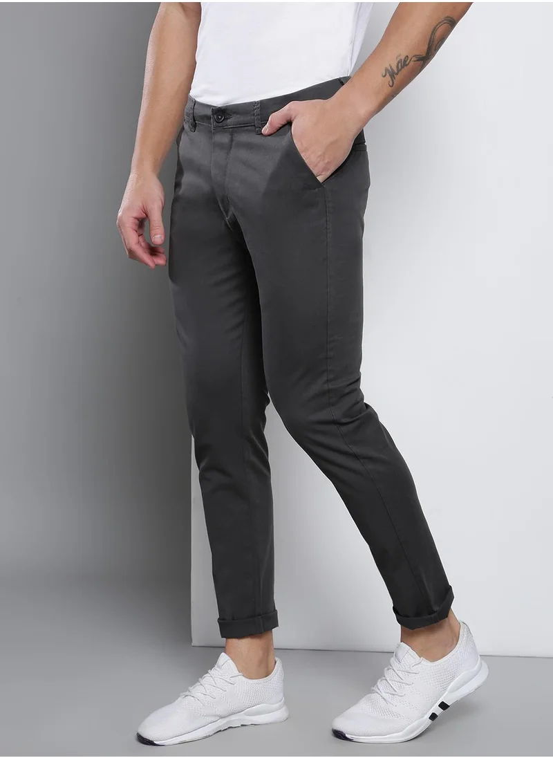 دينيس لينغو Men's Tapered Fit Charcoal Grey Cotton Chinos - Mid-Rise, Full Length, Button & Zip Closure