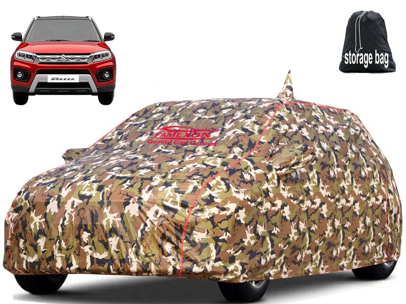 FAMEXON Waterproof Car Body Cover Compatible For Maruti Brezza New Triple Layer Fabric With Mirror Pockets Inner Foam And Pipein Design Protects From Animals,Heat,Rain&Uv Rays(Jungle Print)Multicolor - Image 1