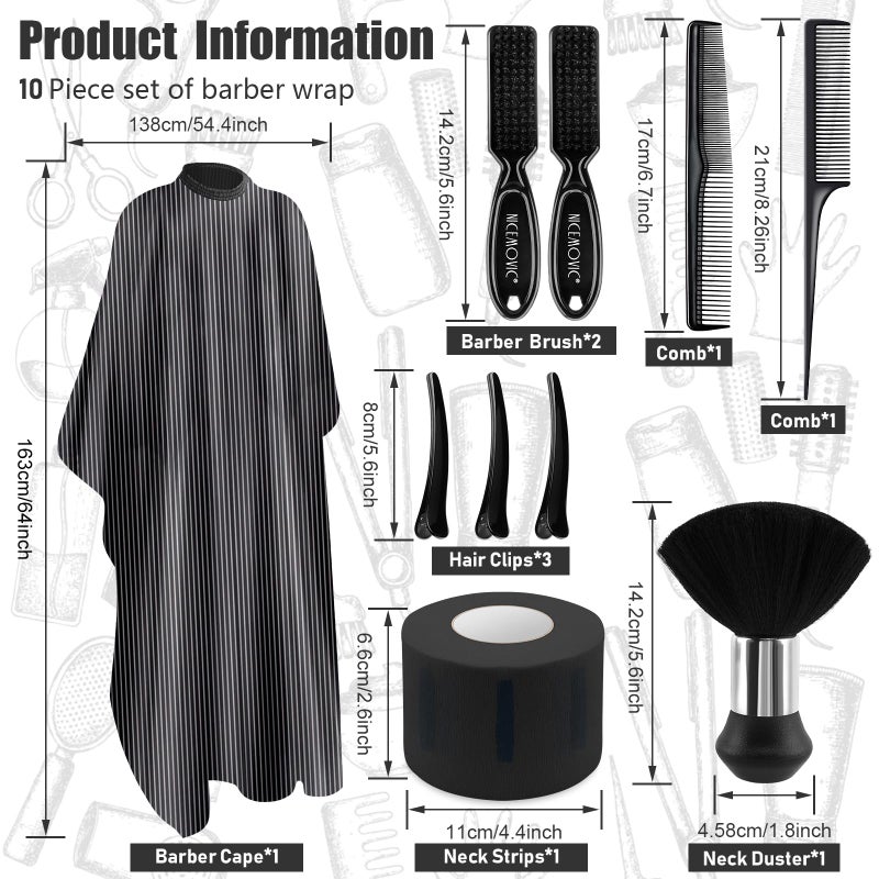 NICEMOVIC 10 in 1 Hair Cutting Barber Cape with Neck Duster Brush Barber Brush Neck Strips Hair Combs Hair Clips, Professional Barber Accessories Cleaning Supplies for Salon Haircut Styling (Stripe) - Image 2