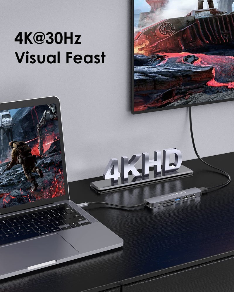 Lention محور LENTION USB C مع شحن 100 واط، 4K HDMI، قارئ بطاقات مزدوج، متوافق مع USB 3.0 و 2.0 لجهاز MacBook Pro، Mac Air/Surface الجديد، Chromebook، المزيد، محول سائق مستقر (CB-CE18، رمادي فضائي) - Image 2