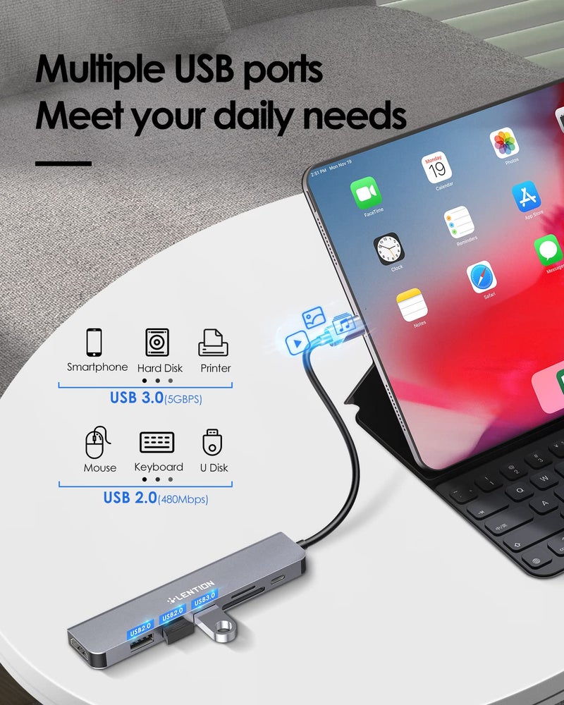 Lention محور LENTION USB C مع شحن 100 واط، 4K HDMI، قارئ بطاقات مزدوج، متوافق مع USB 3.0 و 2.0 لجهاز MacBook Pro، Mac Air/Surface الجديد، Chromebook، المزيد، محول سائق مستقر (CB-CE18، رمادي فضائي) - Image 4