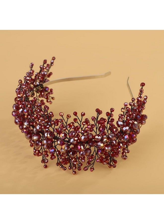 BERYUAN Crystal Pearls Beads Wedding Headband Crystal Rhinestone Wedding Headband Elegant Crystal Rhinestone Bridal Headband Wedding Bridal Hair Accessories for Brides Bridesmaid (red and black) - Image 2