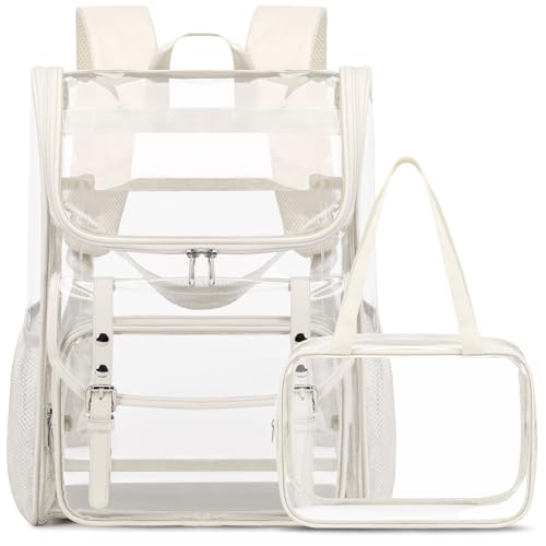DIGOBAY Clear Backpack with Lunch Bag Set Leather Clear Backpack Heavy Duty Thick PVC Bookbag Fashion See Through Transparent Backpacks with Support Pad for College Travel Work Beige - Image 1