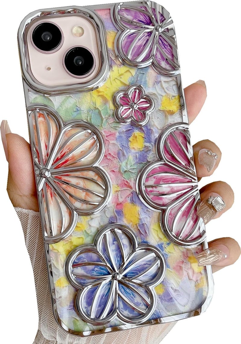 mobistyle Designed for iPhone 15 Cover| Electroplating Colourful Flower 3D TPU Camera Protection Back Cover Case for Women Girls (Flower Silver) - Image 1