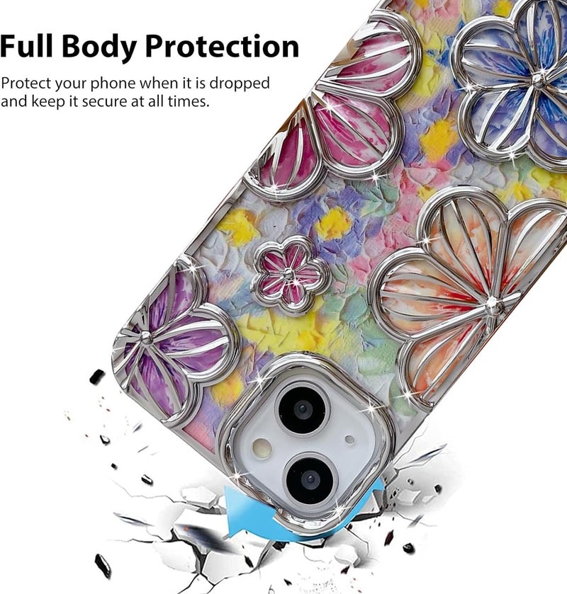 mobistyle Designed for iPhone 15 Cover| Electroplating Colourful Flower 3D TPU Camera Protection Back Cover Case for Women Girls (Flower Silver) - Image 2