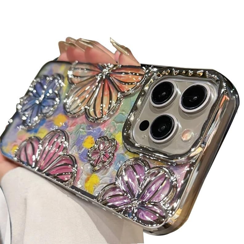 mobistyle Designed for iPhone 15 Cover| Electroplating Colourful Flower 3D TPU Camera Protection Back Cover Case for Women Girls (Flower Silver) - Image 4