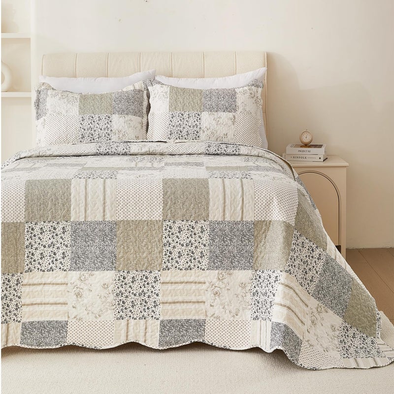 Cmfshape Summer Floral King Quilt Set,Grey Patchwork Quilts King,Reversible Quilted Bedspread with 2 Shams, Vintage Farmhouse Coverlet(Grey, King102 x90) - Image 2