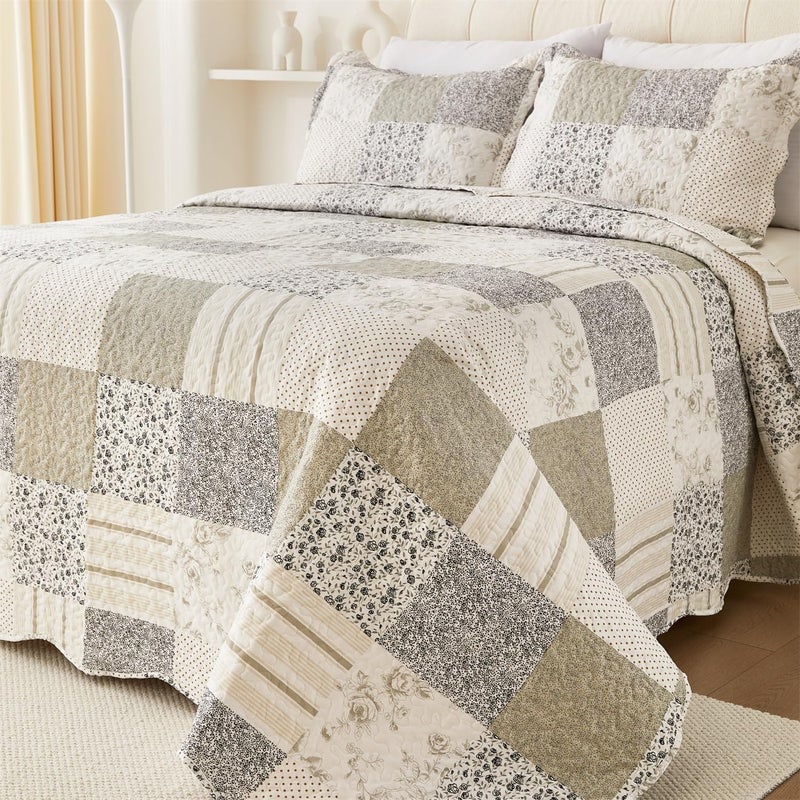 Cmfshape Summer Floral King Quilt Set,Grey Patchwork Quilts King,Reversible Quilted Bedspread with 2 Shams, Vintage Farmhouse Coverlet(Grey, King102 x90) - Image 1