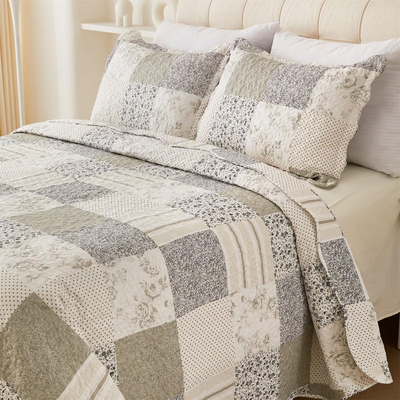 Cmfshape Summer Floral King Quilt Set,Grey Patchwork Quilts King,Reversible Quilted Bedspread with 2 Shams, Vintage Farmhouse Coverlet(Grey, King102 x90) - Image 3