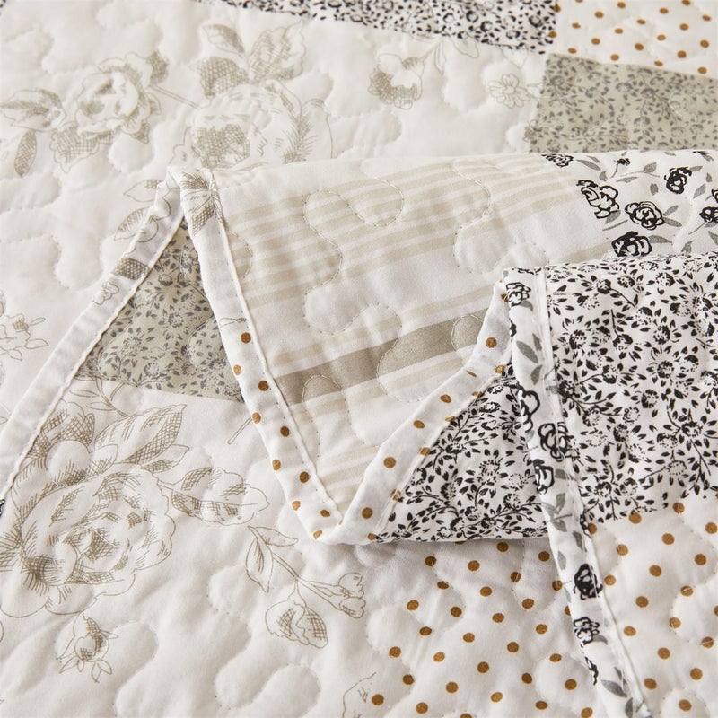 Cmfshape Summer Floral King Quilt Set,Grey Patchwork Quilts King,Reversible Quilted Bedspread with 2 Shams, Vintage Farmhouse Coverlet(Grey, King102 x90) - Image 4