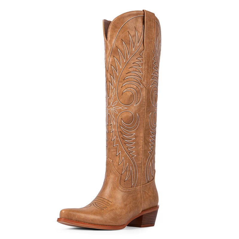Modatope Tan Cowboy Boots for Women Knee High Wide Calf Cowgirl Boots Embroidered Pointed Toe Chunky Heel Western Boots Pull On Tall Boot Size 8 - Image 1
