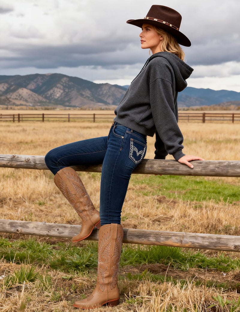 Modatope Tan Cowboy Boots for Women Knee High Wide Calf Cowgirl Boots Embroidered Pointed Toe Chunky Heel Western Boots Pull On Tall Boot Size 8 - Image 2