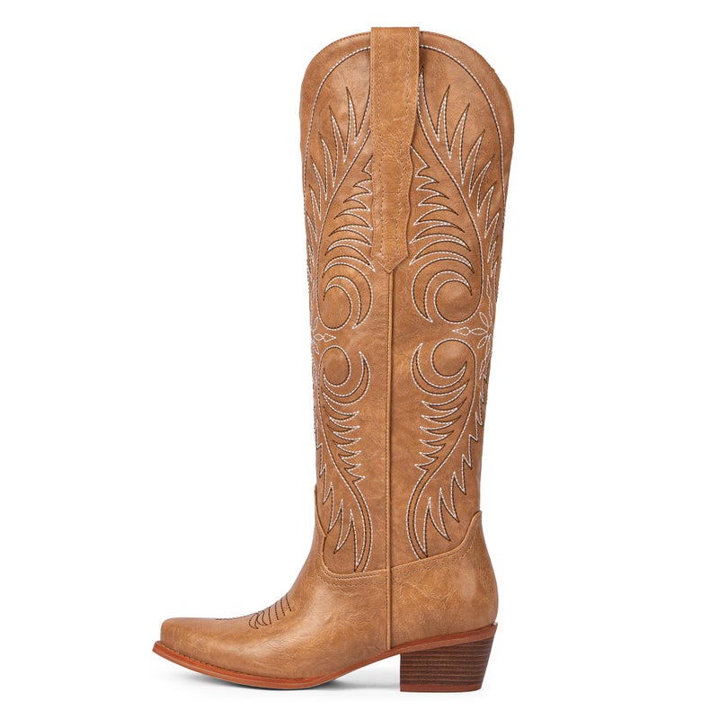 Modatope Tan Cowboy Boots for Women Knee High Wide Calf Cowgirl Boots Embroidered Pointed Toe Chunky Heel Western Boots Pull On Tall Boot Size 8 - Image 4