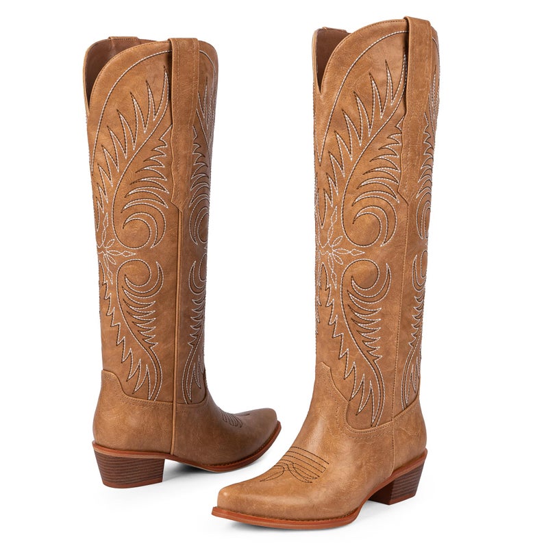 Modatope Tan Cowboy Boots for Women Knee High Wide Calf Cowgirl Boots Embroidered Pointed Toe Chunky Heel Western Boots Pull On Tall Boot Size 8 - Image 5