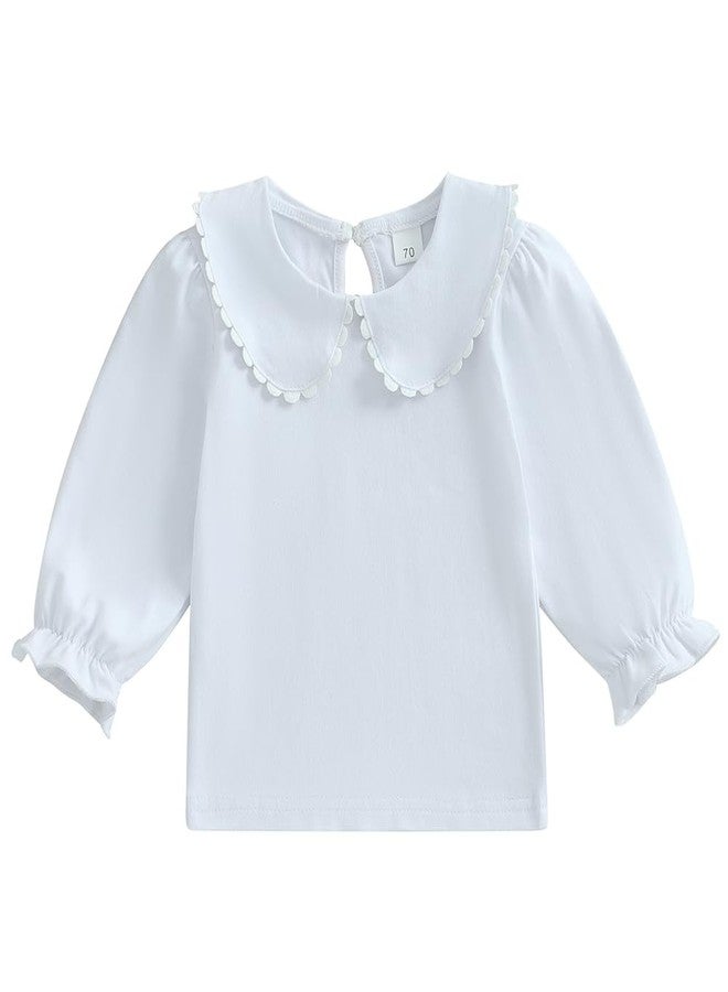 Pudcoco Toddler Baby Girls Ruffle Doll Collar Shirt Puff Short Sleeve Basic Solid Color Top Blouse Tee (White Long Sleeve, 2-3 Years) - Image 1