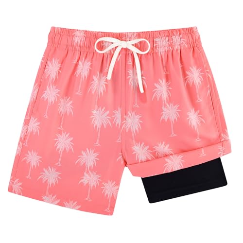Cozople Boys Kids Swim Trunks with Compression Liner Swimwear Coconut Trees Printed Swim Shorts Summer Swimming Trunk Anti Chafe Bathing Suits Boxer Brief Swimsuits Size 14-16 - Image 1