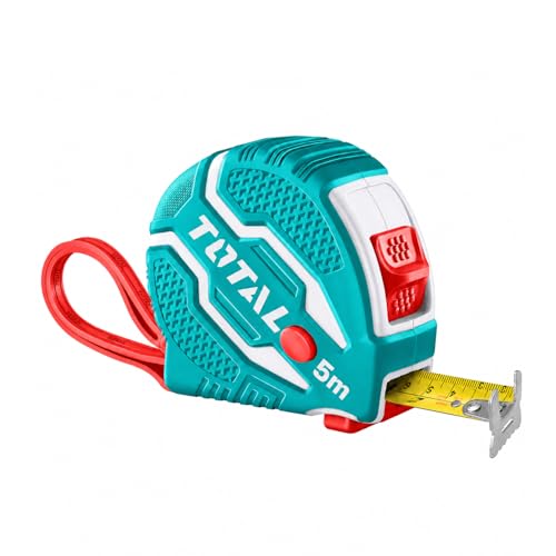 TOTAL 5m x 19mm Heavy Duty Measuring Tape with 3 Lock Buttons, Double Sided Metric & Inch Scale, Matte Anti-Glare Blade, Shockproof Rubber Case with Belt Clip, Steel Tape Measure for Construction Use - Image 1