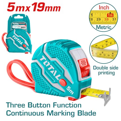 TOTAL 5m x 19mm Heavy Duty Measuring Tape with 3 Lock Buttons, Double Sided Metric & Inch Scale, Matte Anti-Glare Blade, Shockproof Rubber Case with Belt Clip, Steel Tape Measure for Construction Use - Image 2