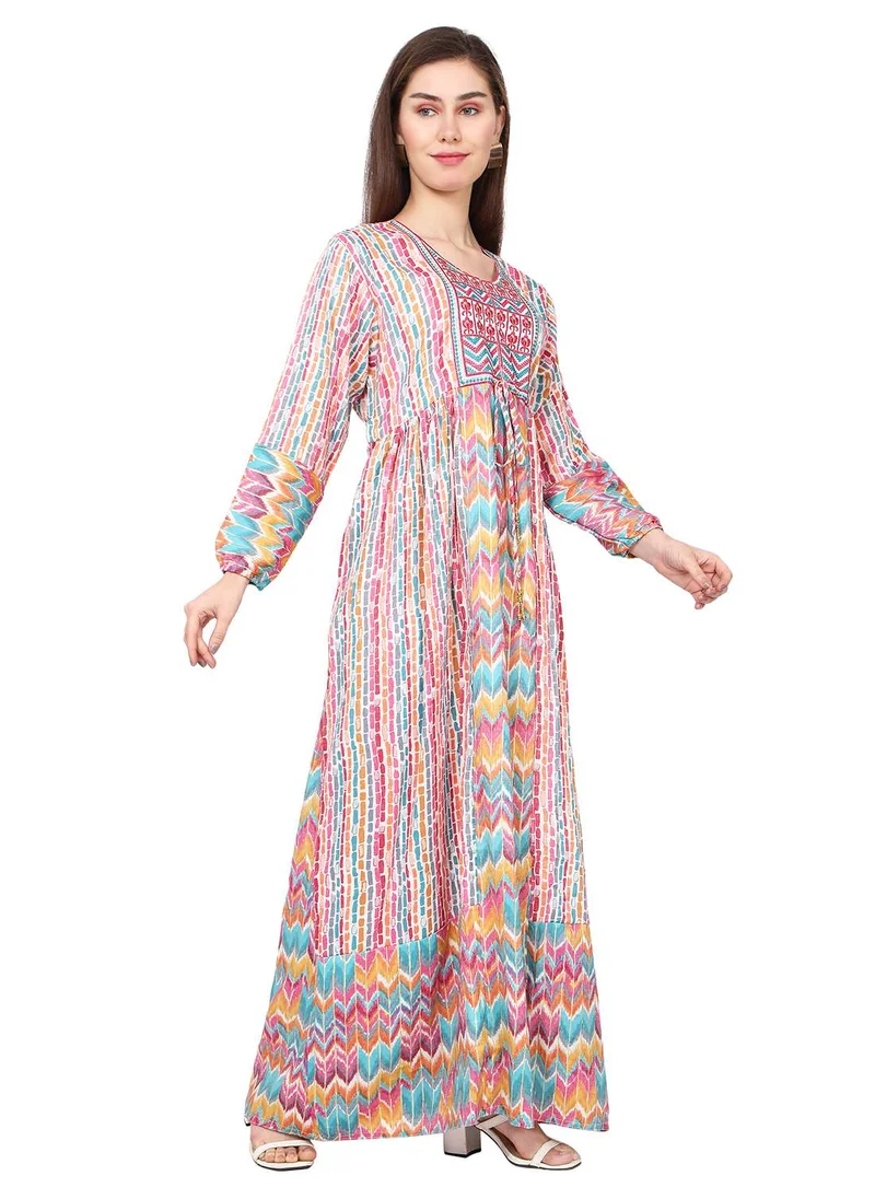 HANA & SARA MULTICOLOUR PRINTED LONG VISCOSE THREAD EMBROIDERY ARABIC KAFTAN JALABIYA DRESS