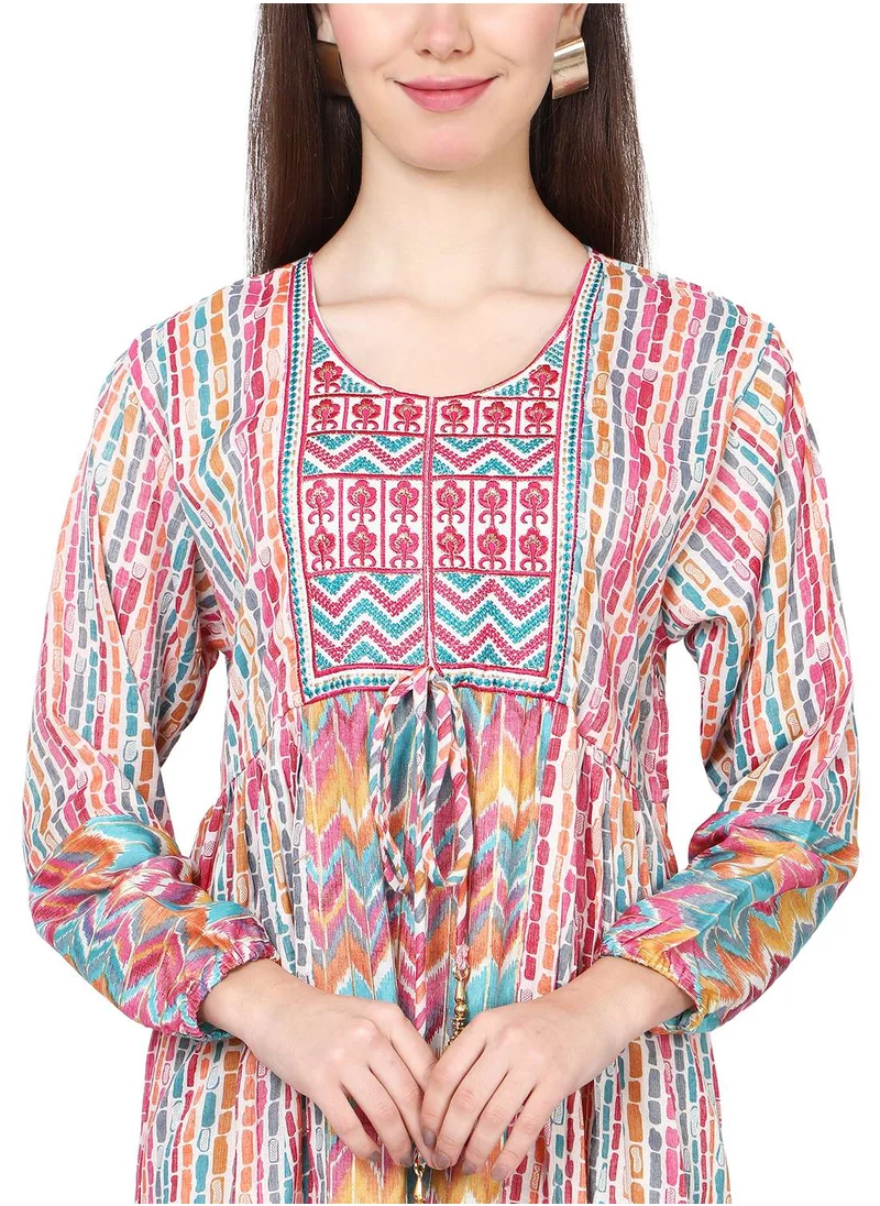 HANA & SARA MULTICOLOUR PRINTED LONG VISCOSE THREAD EMBROIDERY ARABIC KAFTAN JALABIYA DRESS
