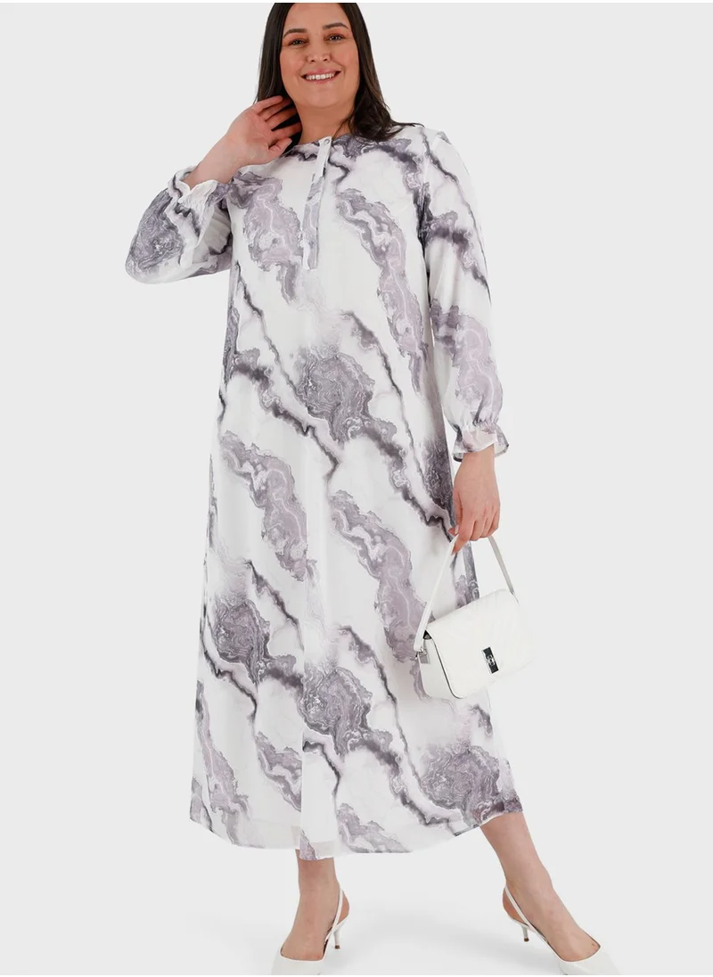 Alia by modanisa Printed Puff Sleeve Dress