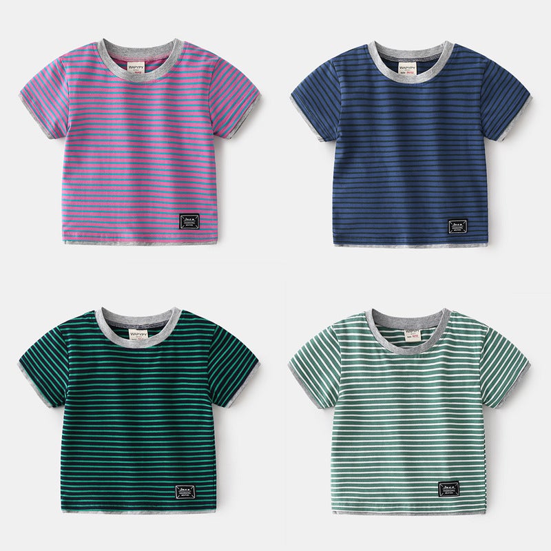 Children'S Short-Sleeved T-Shirt 2024 Korean Style Kidsren'S Clothing Boys Stripesd Fake Two-Piece Bottoming Shirt Summer Baby Tops - Image 2