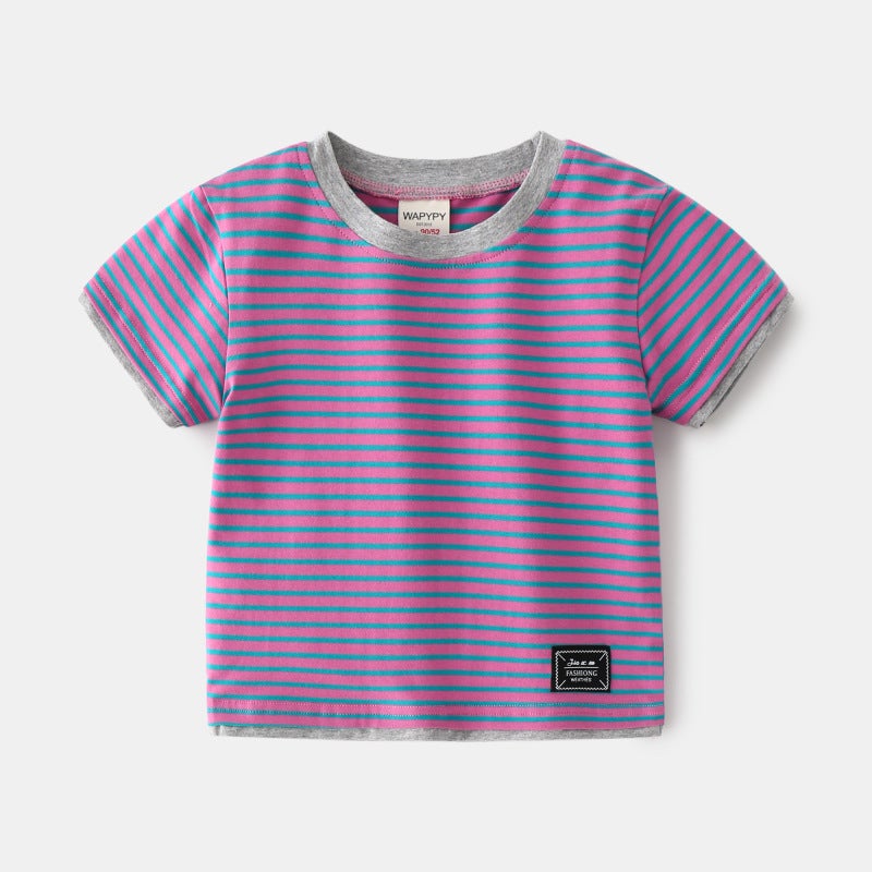 Children'S Short-Sleeved T-Shirt 2024 Korean Style Kidsren'S Clothing Boys Stripesd Fake Two-Piece Bottoming Shirt Summer Baby Tops - Image 1