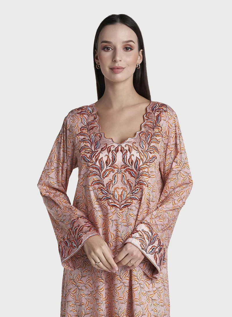 كشخة Old Rose Colour Stone Work Liberty Cotton Leaf Printed Jalabiya (VG2993)