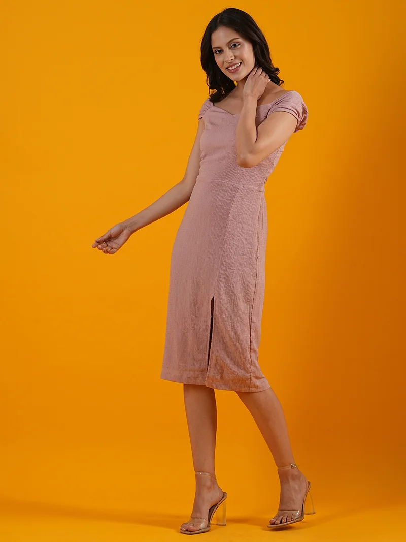 globus Globus Women Pink Sweetheart Neck Cap Sleeves Front Slit Smocked Back Sheath Party Dress