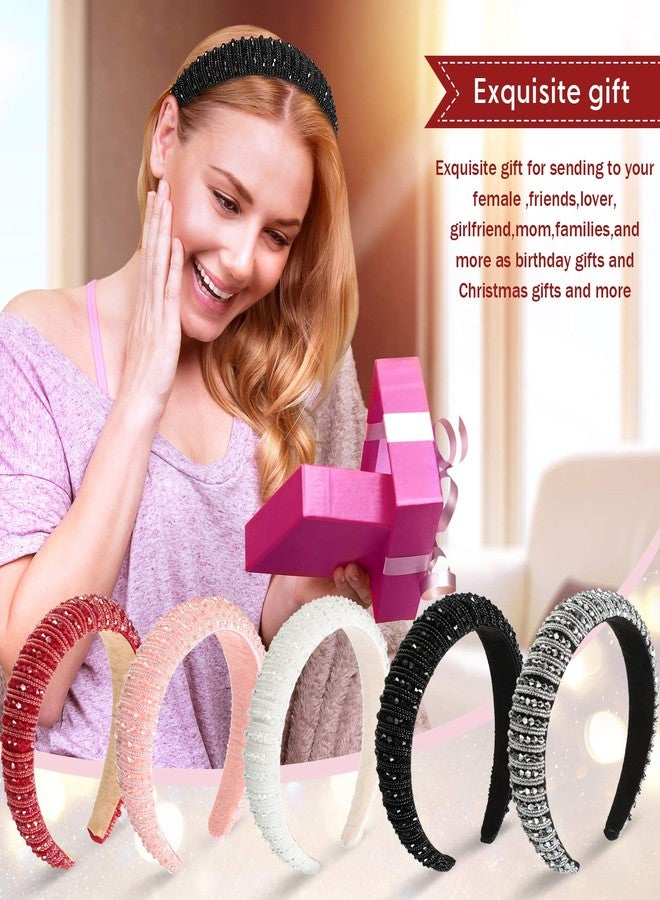 Syhood 5 Pcs Rhinestone Padded Headband Valentines Crystal Diamond Beaded Bling Glitter Headband Wide Edge Headwear Rhinestone Embellished Headpiece Gift Wedding Hair Accessory(Mixed Color) - Image 4