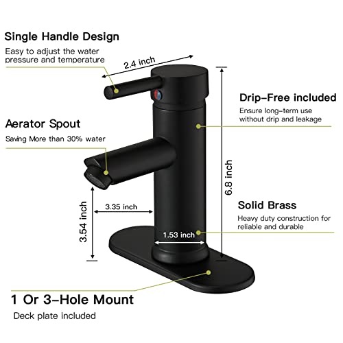 Green Spring Greenspring Black Bathroom Faucet, Single Hole Bathroom Sink Faucet, Single Handle Sink Faucet Bathroom Lavatory Basin Vanity Sink Faucet with Pop Up Drain and Supply Line, Brass - Image 2