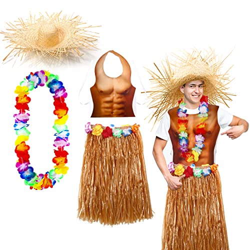 Yahenda 4 Pack Hawaiian Costumes for Man, Including Skirts Hula Skirts with Party Muscle Vest Straw Hat and Wreath, Hawaiian Outfits Party Accessory - Image 1