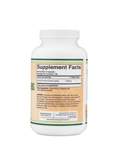 Mucuna Pruriens Extract Capsules   Dopamine Boosting Supplement   210 Count, 1,000Mg Per Serving, 20% (From Velvet Bean) (For Mood and Motivation Support) Third Party Tested By Double Wood