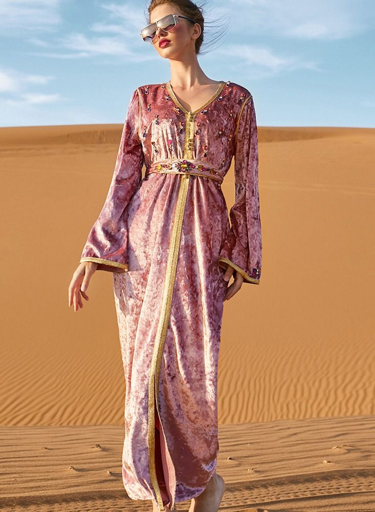 Loquat Hand-Stitched Diamond Dress Abaya Lotus Root Pink  - Image 2