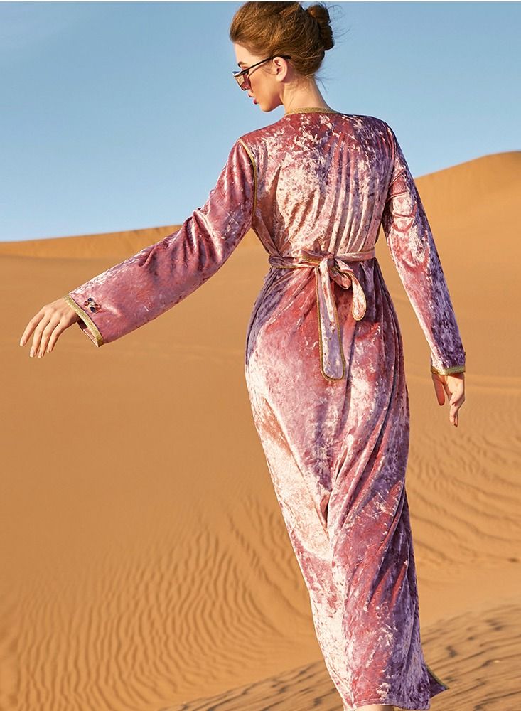 Loquat Hand-Stitched Diamond Dress Abaya Lotus Root Pink  - Image 3