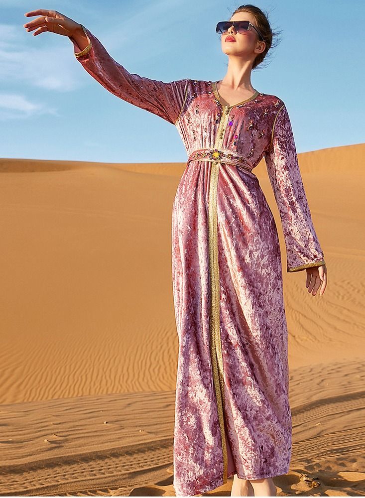 Loquat Hand-Stitched Diamond Dress Abaya Lotus Root Pink  - Image 1