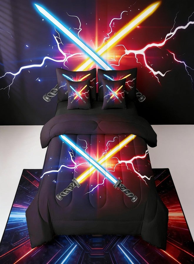 Feelyou Twin Lightsaber Pattern Bed in a Bag 7-Piece Sword Comforter Set with Comforter, Pillow Shams, Flat Sheet, Fitted Sheet and Pillowcases All Season Star Wars Vibe Bedding - Image 1