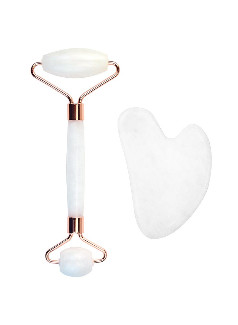 2-Piece Resin Massage Roller Set - Double-Headed Massage Roller + Scraping Board for Massage, Eye and Face Massager, Double-Headed Massager, and Plate Face Massage Tool (White) - Image 1