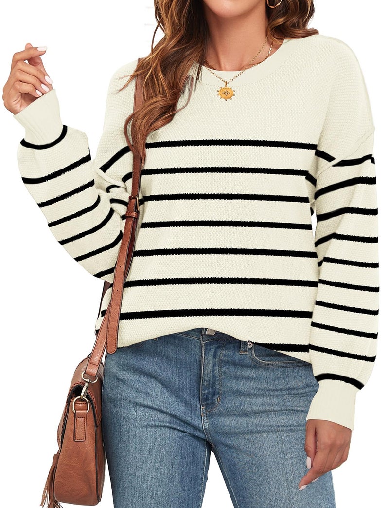 WEACZZY Women Sweater Oversized Loose Fit Crew Neck Pullover Sweatshirt Warm Thermal Ribbed Knit Long Sleeve Tops Loose Fit Apricot Striped, XXL - Image 1