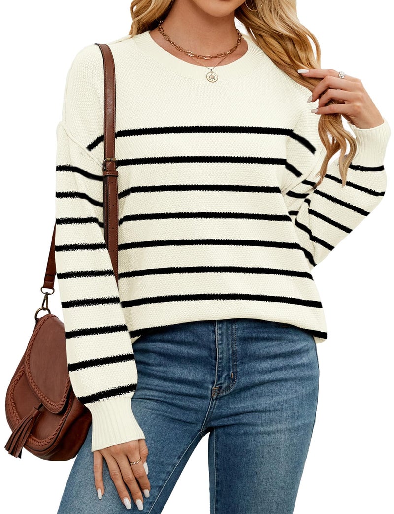WEACZZY Women Sweater Oversized Loose Fit Crew Neck Pullover Sweatshirt Warm Thermal Ribbed Knit Long Sleeve Tops Loose Fit Apricot Striped, XXL - Image 4